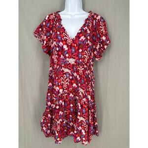 Anthropologie Dress Womens XS Red Mini Flowy Tiered Boho V Neck Tribal Print